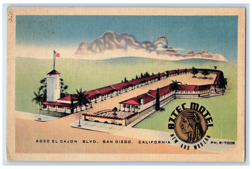 c1950's Aztec Motel Entrance Cottages Restaurant El Cajon San Diego CA Postcard