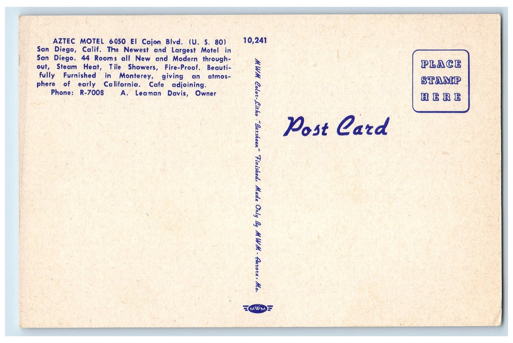 c1950's Aztec Motel Entrance Cottages Restaurant El Cajon San Diego CA Postcard