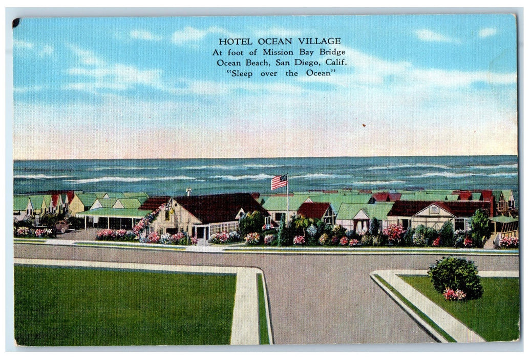 c1950's Hotel Ocean Village Bay Side Restaurant Cottages San Diego CA Postcard