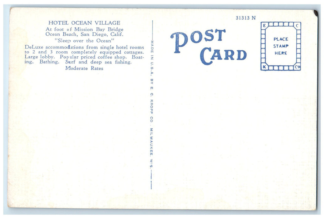 c1950's Hotel Ocean Village Bay Side Restaurant Cottages San Diego CA Postcard