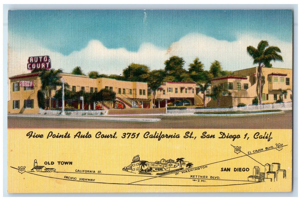 c1950's Five Points Auto Court Restaurant California St. San Diego 1 CA Postcard