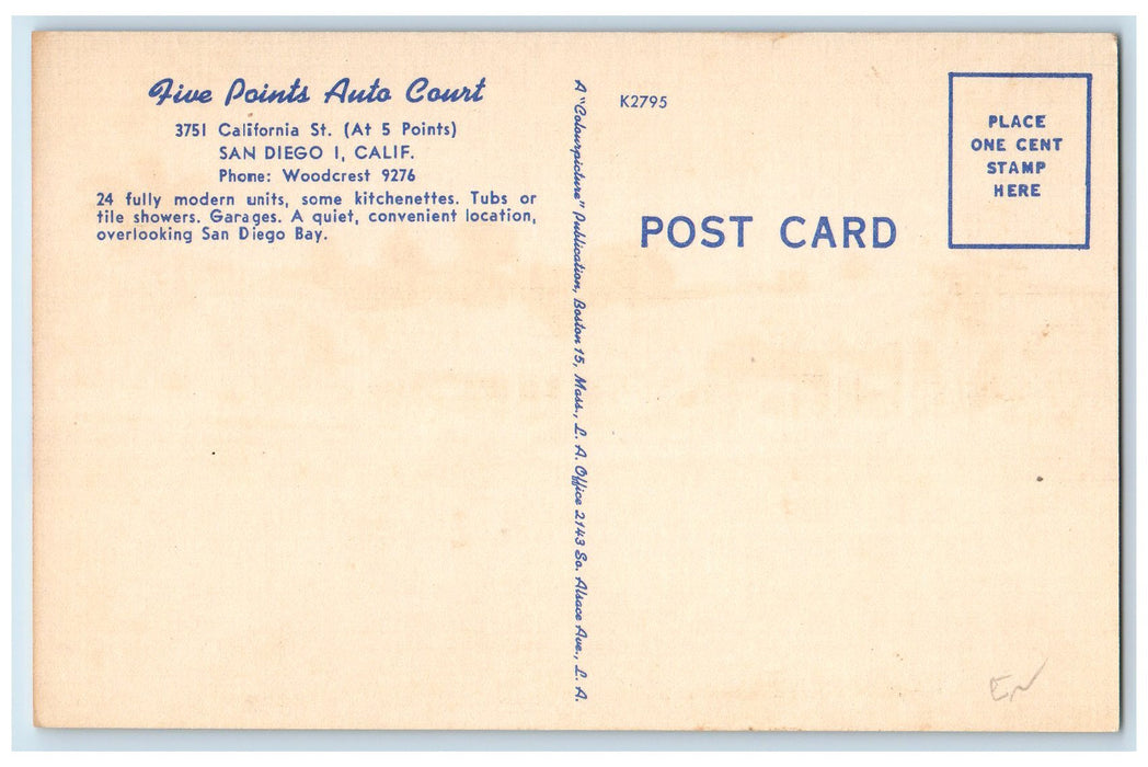 c1950's Five Points Auto Court Restaurant California St. San Diego 1 CA Postcard