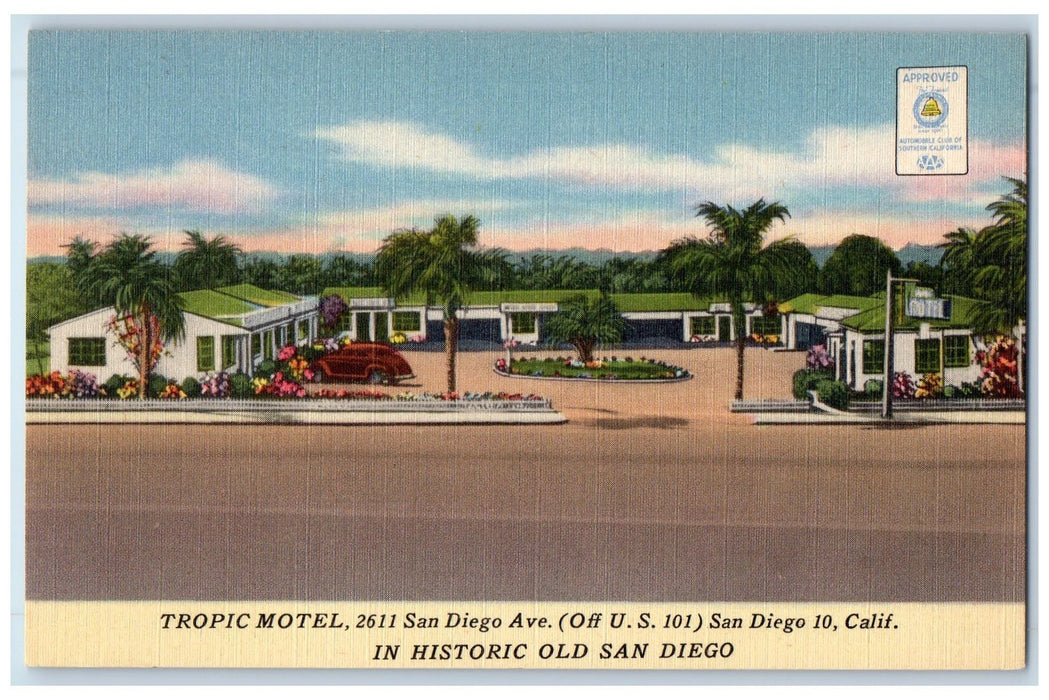 c1950 Tropic Motel Entrance View Restaurant San Diego Ave. San Diego CA Postcard
