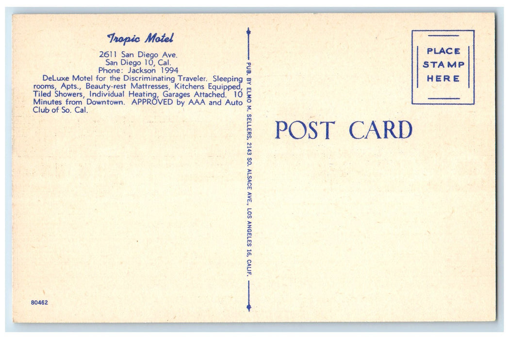 c1950 Tropic Motel Entrance View Restaurant San Diego Ave. San Diego CA Postcard