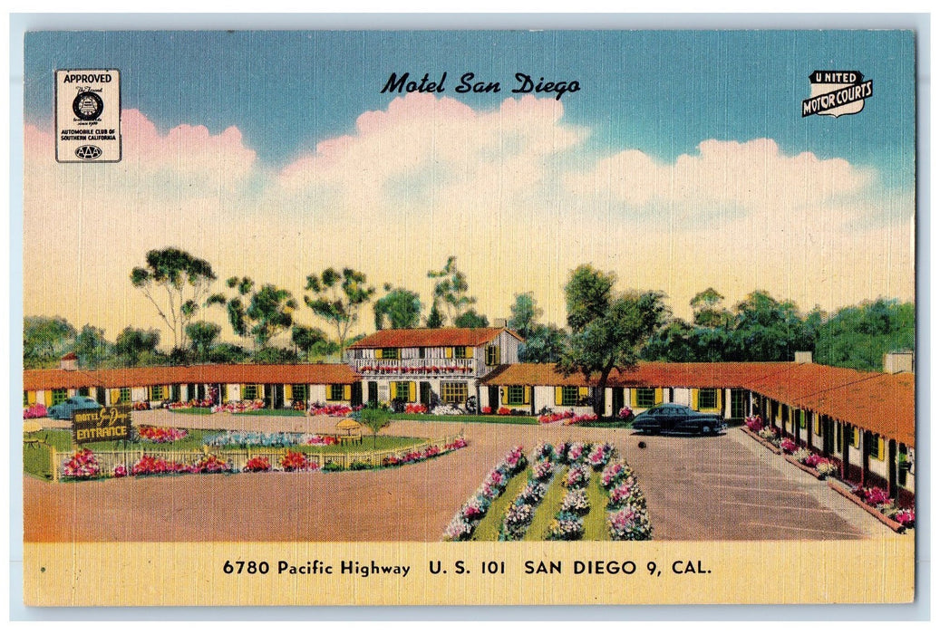 c1950 Motel San Diego Entrance Cottages Garden Restaurant San Diego CA Postcard