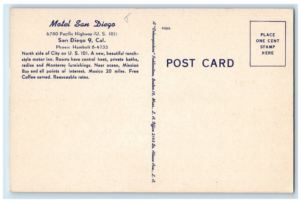 c1950 Motel San Diego Entrance Cottages Garden Restaurant San Diego CA Postcard