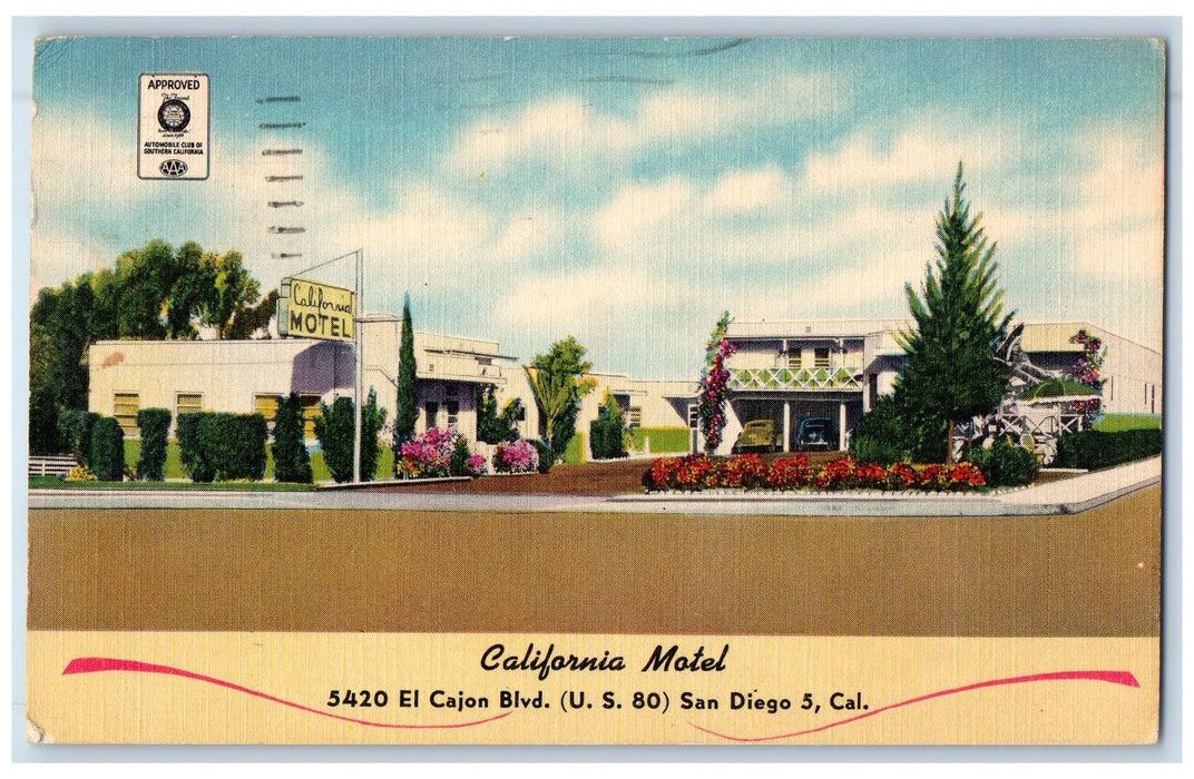 1952 California Motel Entrance Classic Cars Restaurant San Diego CA Postcard