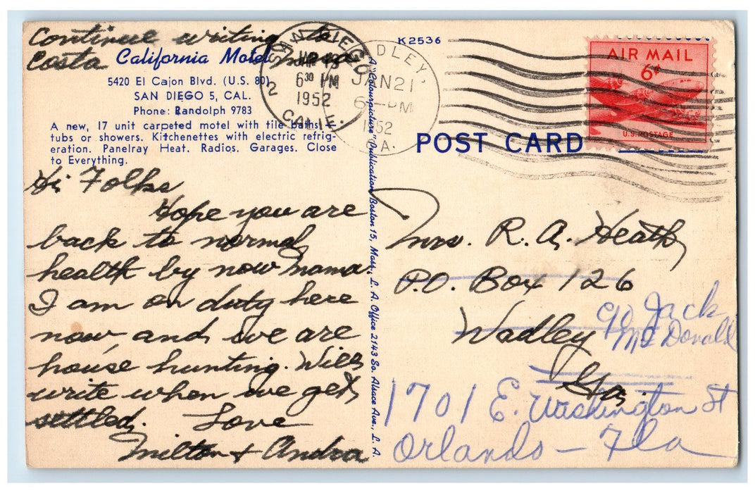 1952 California Motel Entrance Classic Cars Restaurant San Diego CA Postcard