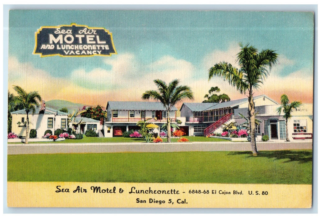 c1950's Sea Air Motel Luncheonette Entrance View Cottages San Diego CA Postcard