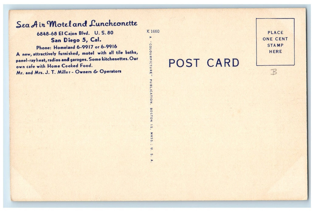 c1950's Sea Air Motel Luncheonette Entrance View Cottages San Diego CA Postcard