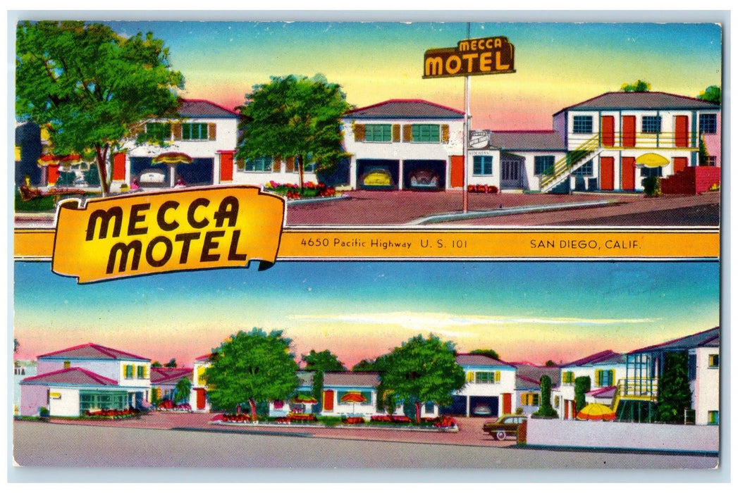 c1950 Mecca Motel Entrance Cottages Guests Restaurant Cars San Diego CA Postcard