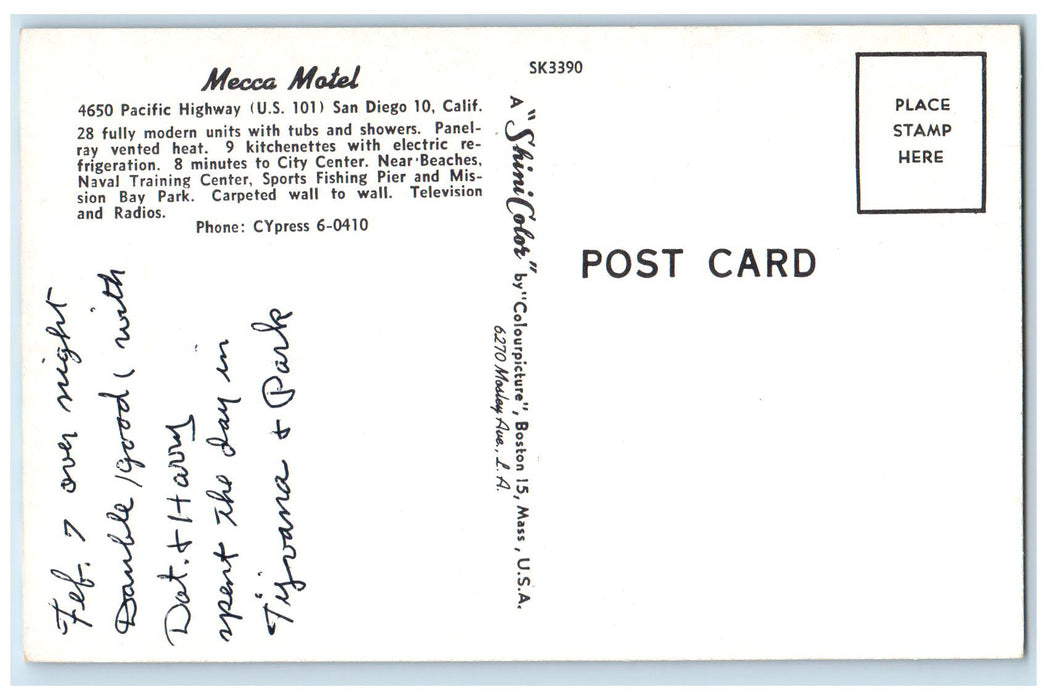 c1950 Mecca Motel Entrance Cottages Guests Restaurant Cars San Diego CA Postcard