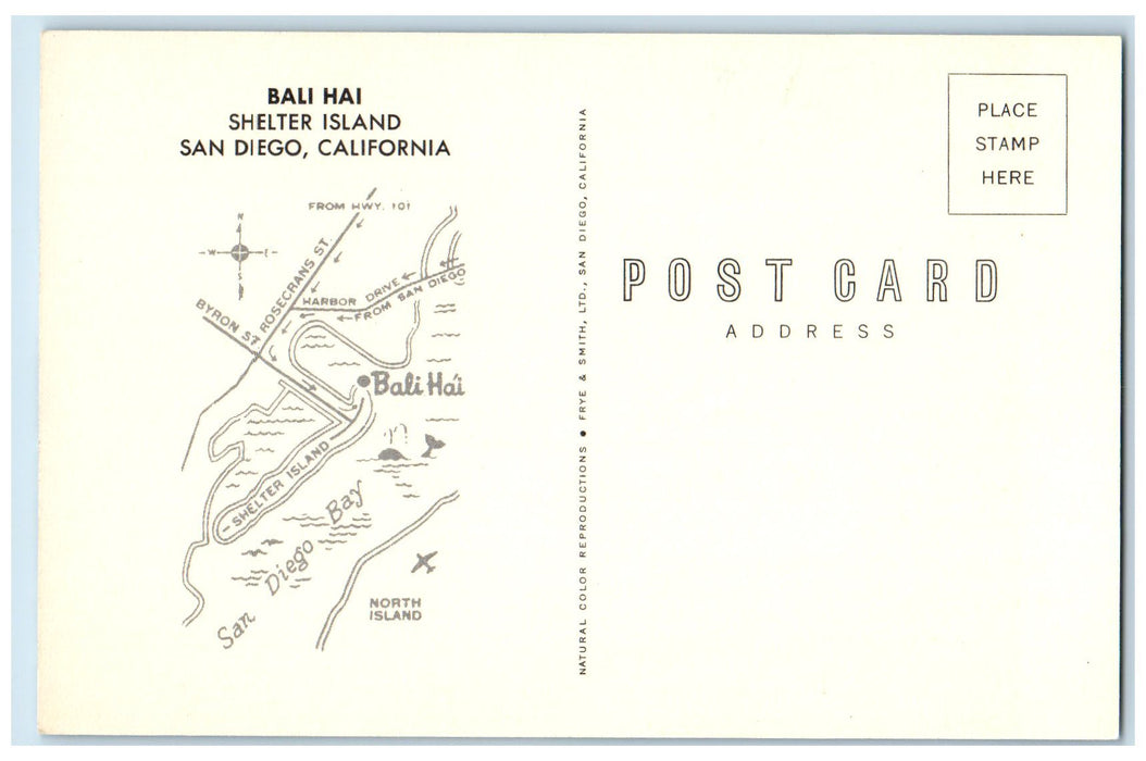 c1950 Bali Hai Shelter Island View Restaurant Bar Roadside San Diego CA Postcard