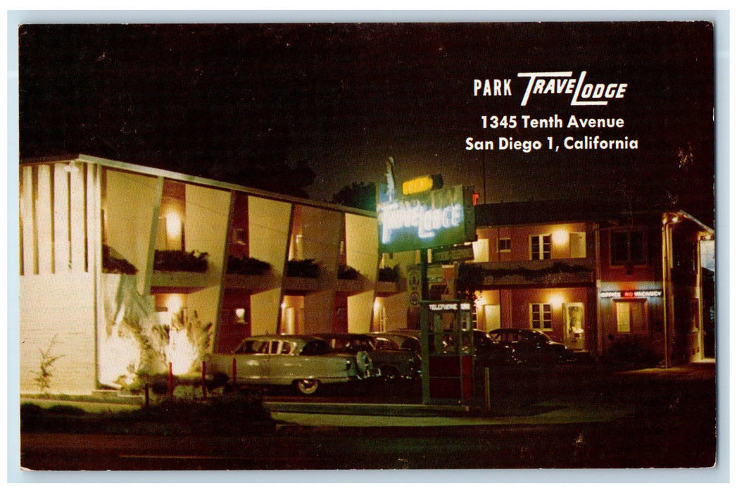c1950 Park Travel Lodge Classic Cars Cottages Restaurant San Diego CA Postcard