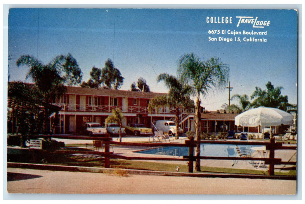 c1950's College Travel Lodge Restaurant Swimming Pool Cars San Diego CA Postcard
