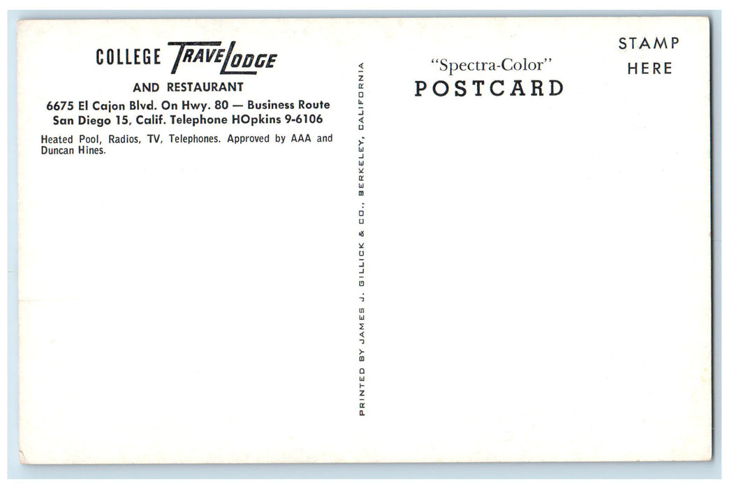 c1950's College Travel Lodge Restaurant Swimming Pool Cars San Diego CA Postcard