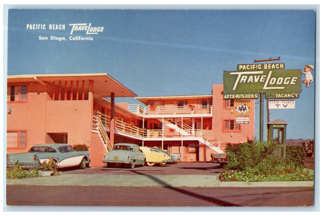 c1950's Pacific Beach Travelodge Classic Cars Restaurant San Diego CA Postcard
