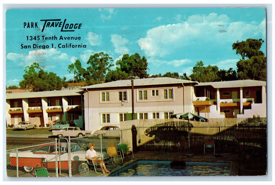 1961 Park Travelodge Guests Swimming Pool Car Tenth Avenue San Diego CA Postcard