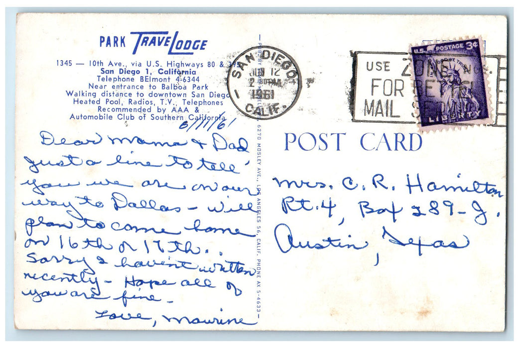 1961 Park Travelodge Guests Swimming Pool Car Tenth Avenue San Diego CA Postcard