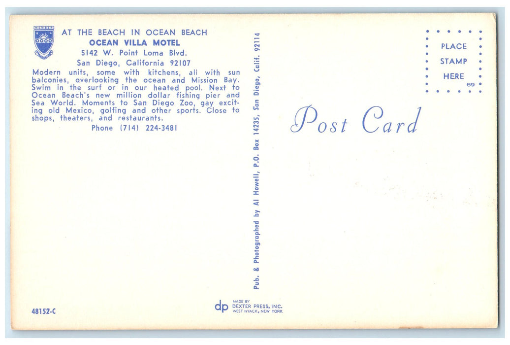 c1950's Ocean Villa Motel Restaurant Classic Cars Entrance San Diego CA Postcard