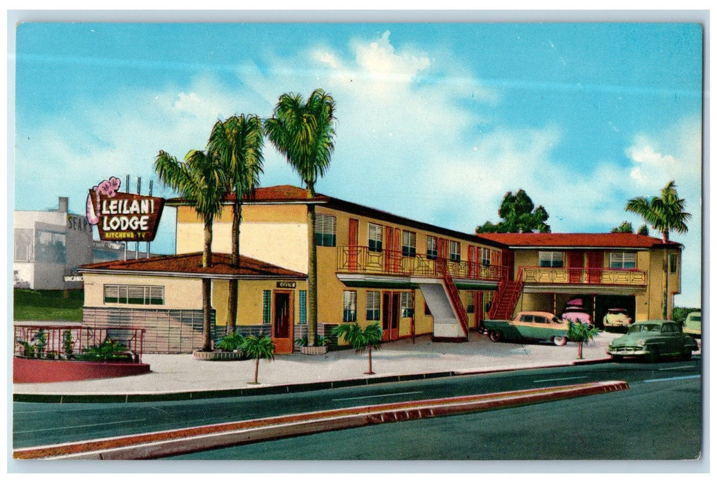 c1950's Leilani Lodge Motel Roadside Entrance Restaurant San Diego CA Postcard