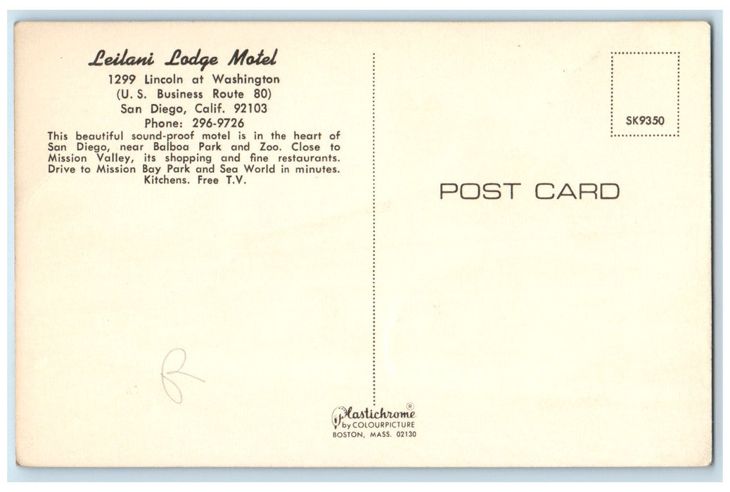 c1950's Leilani Lodge Motel Roadside Entrance Restaurant San Diego CA Postcard