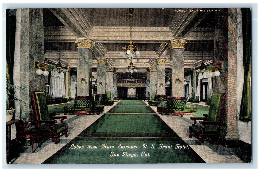 c1950's Lobby From Main Entrance US Grant Hotel Restaurant San Diego CA Postcard