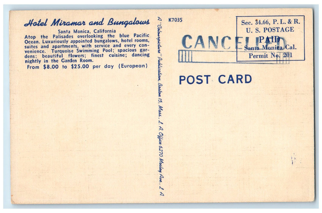 c1950 Hotel Miramar Bungalows Restaurant Santa Monica CA Advertising Postcard