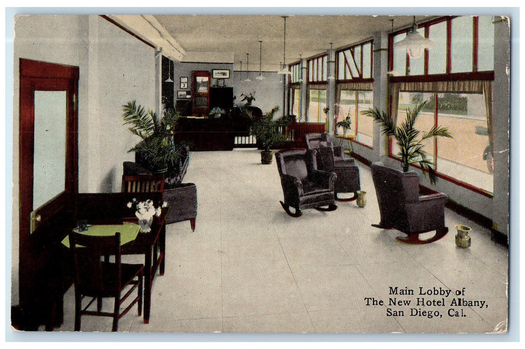 c1950 Main Lobby New Hotel Albany Restaurant Rocking Chair San Diego CA Postcard