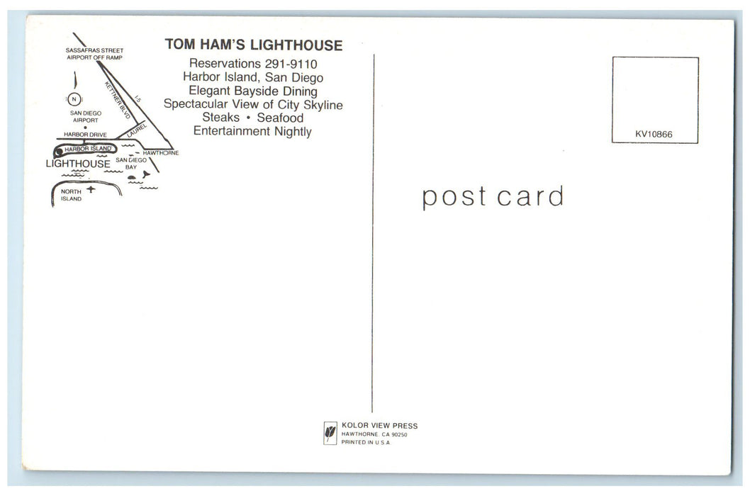 c1950's Tom Ham's Lighthouse View Restaurant Boat Docked San Diego CA Postcard