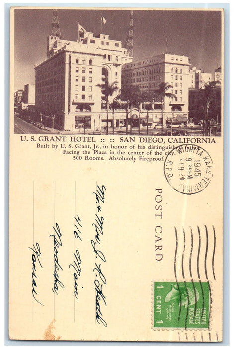 1945 US Grant Hotel Building View Restaurant San Diego California CA Postcard