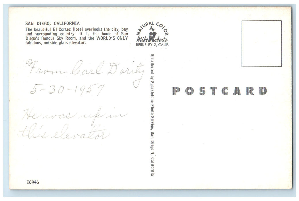 c1950 El Cortez Hotel Sky Room View Restaurant San Diego California CA Postcard