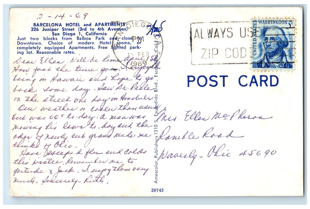 1969 Barcelona Hotel Apartments View Restaurant San Diego California CA Postcard