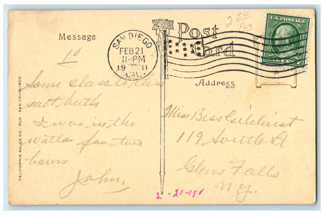1911 Los Banos Bath House Restaurant Entrance San Diego California CA Postcard