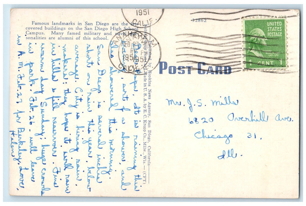 1951 San Diego High School Campus Entrance View San Diego California CA Postcard