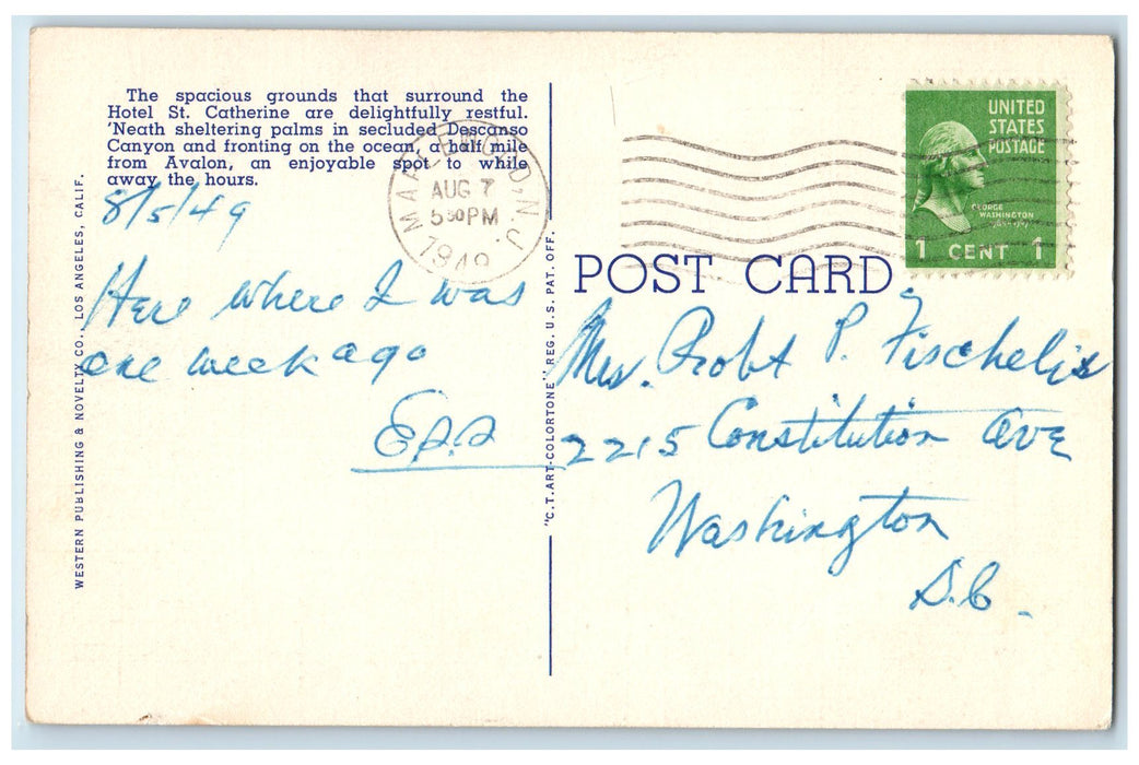 1949 Grounds Hotel St. Catherine Restaurant Santa Catalina Island CA Postcard