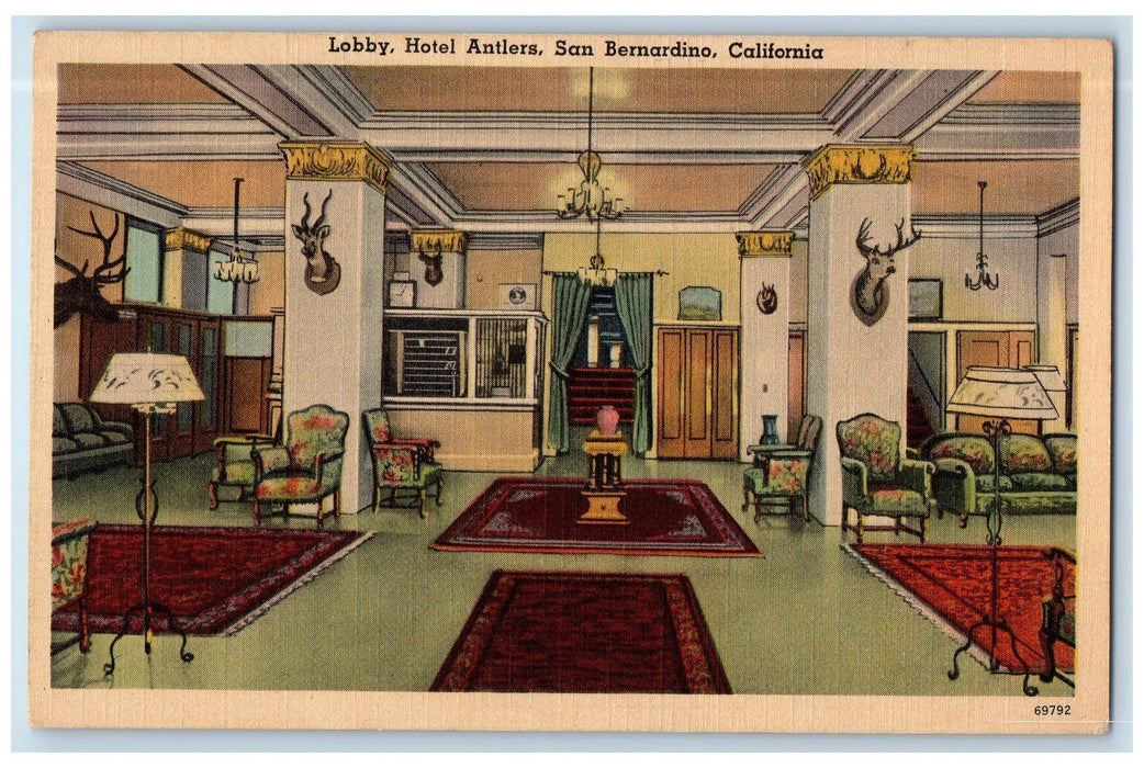 c1950 Lobby Hotel Antlers Interior Restaurant Decors San Bernardino CA Postcard