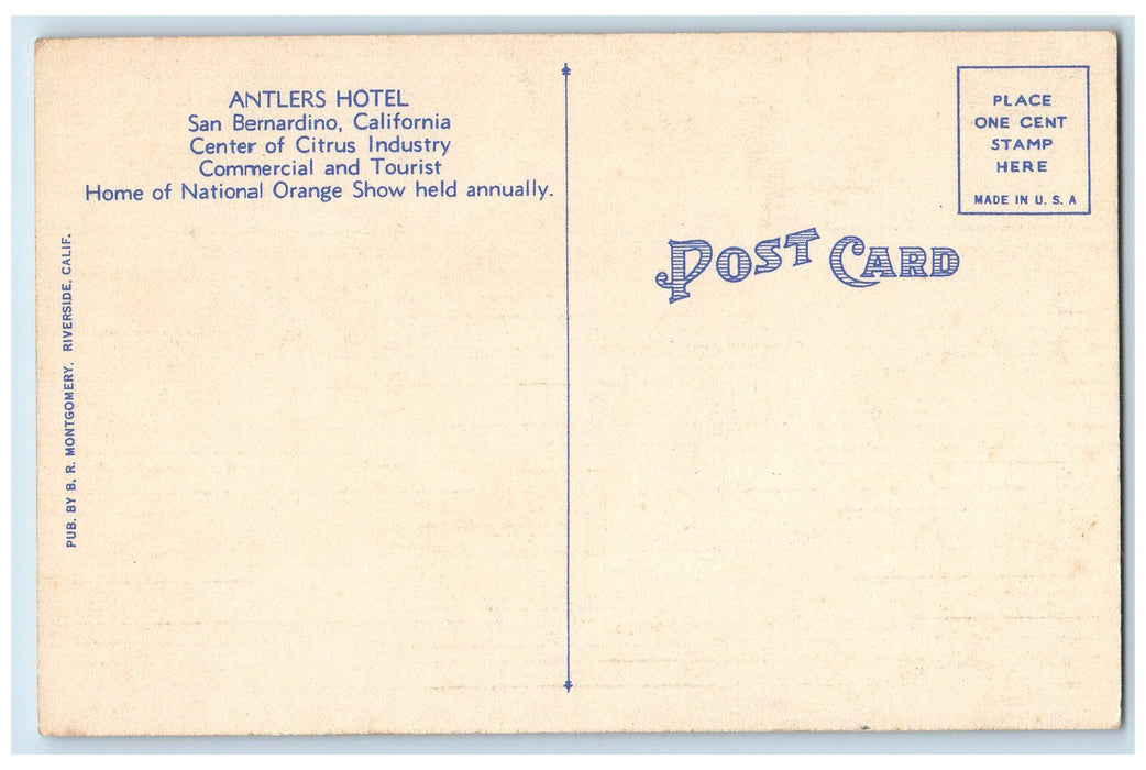 c1950 Lobby Hotel Antlers Interior Restaurant Decors San Bernardino CA Postcard