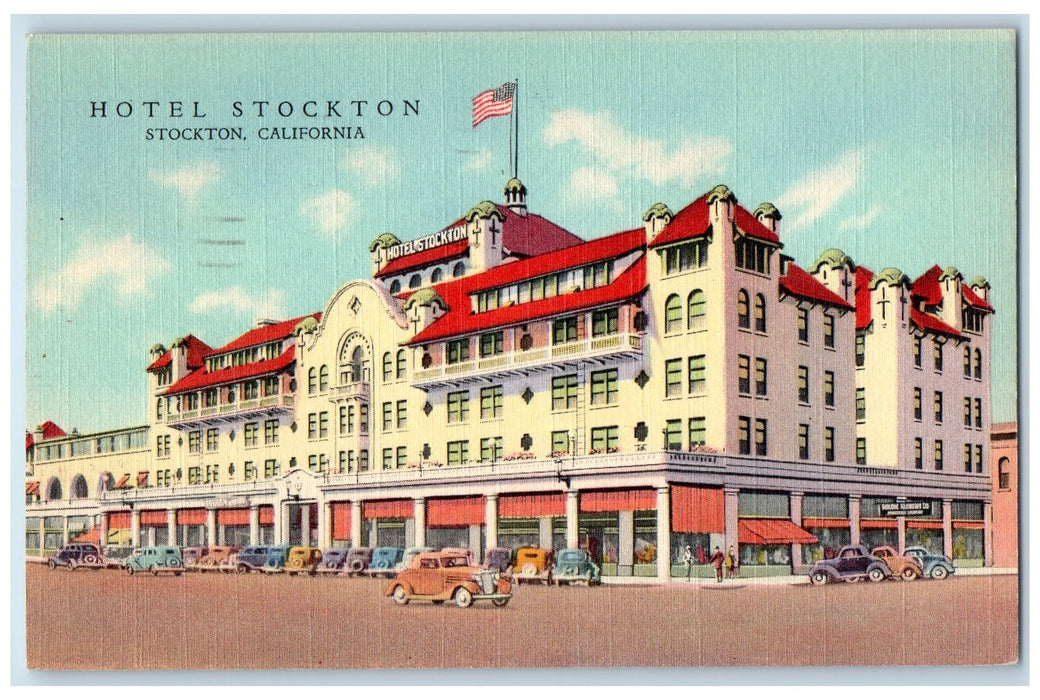 1942 Hotel Stockton View Classic Cars Restaurant Stockton California CA Postcard