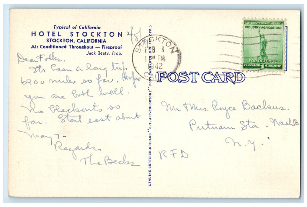 1942 Hotel Stockton View Classic Cars Restaurant Stockton California CA Postcard