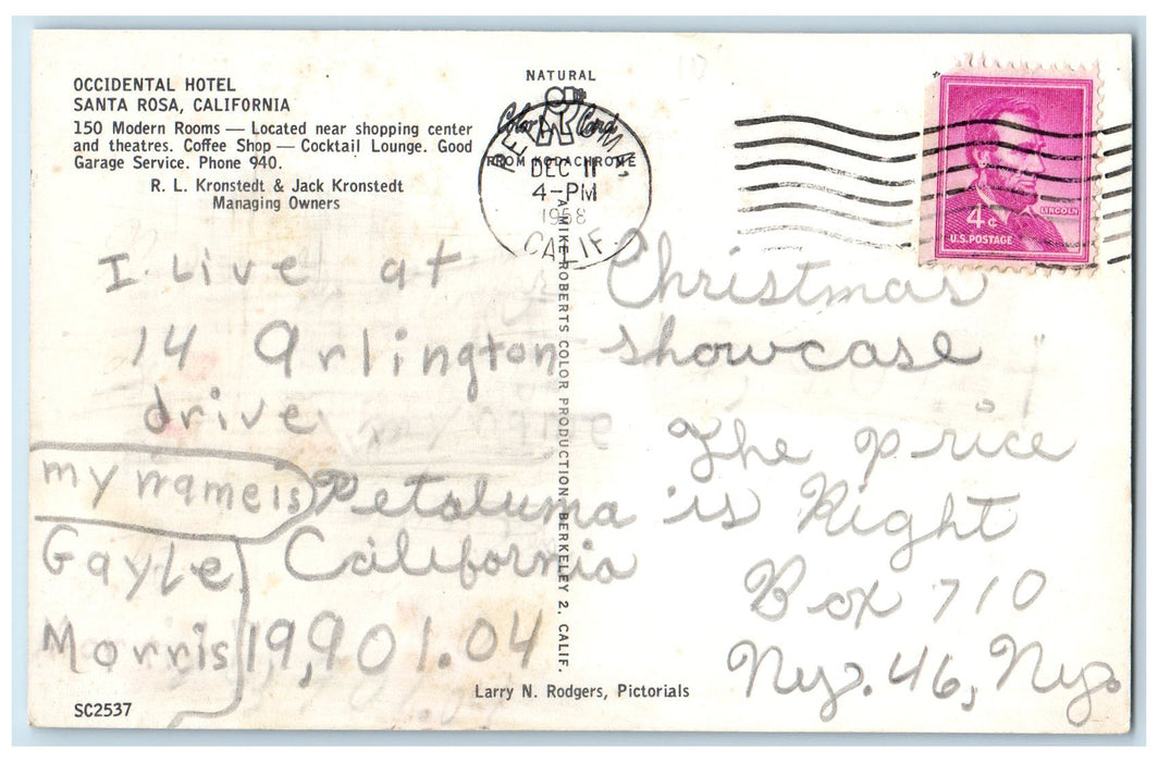 1958 Occidental Hotel Building Classic Cars Restaurant Santa Rosa CA Postcard