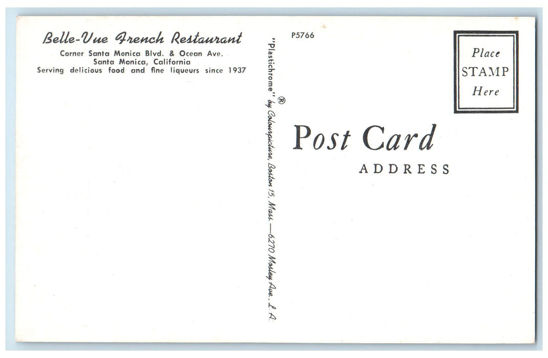 c1950 Belle Vue French Restaurant Classic Cars Roadside Santa Monica CA Postcard