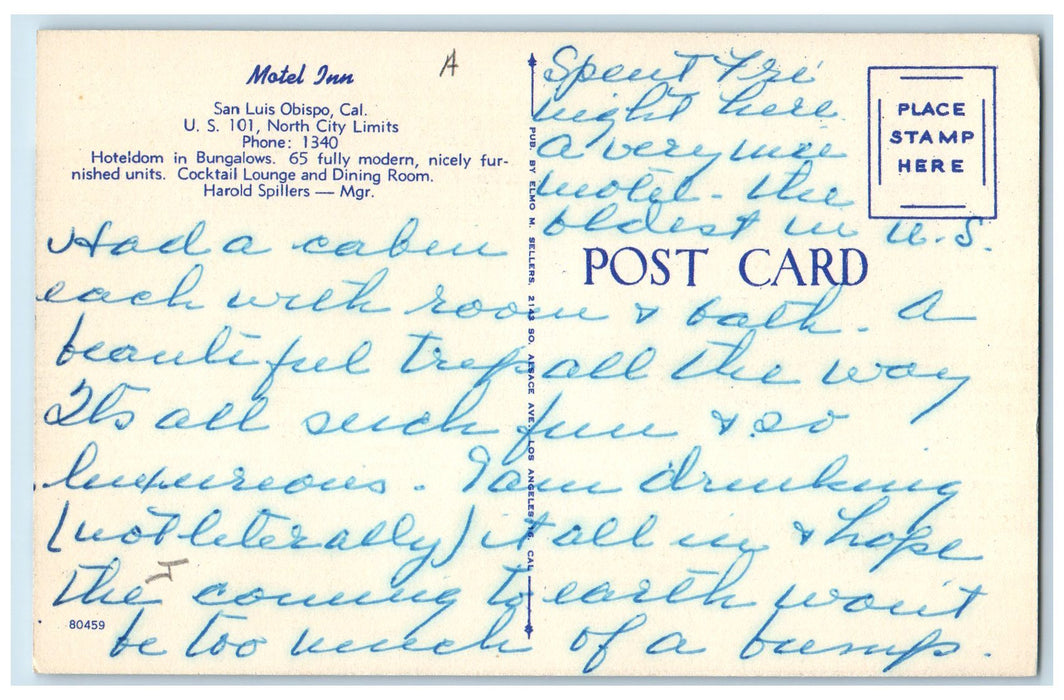 c1950 Motel Inn View Restaurant Roadside San Luis Obispo California CA Postcard