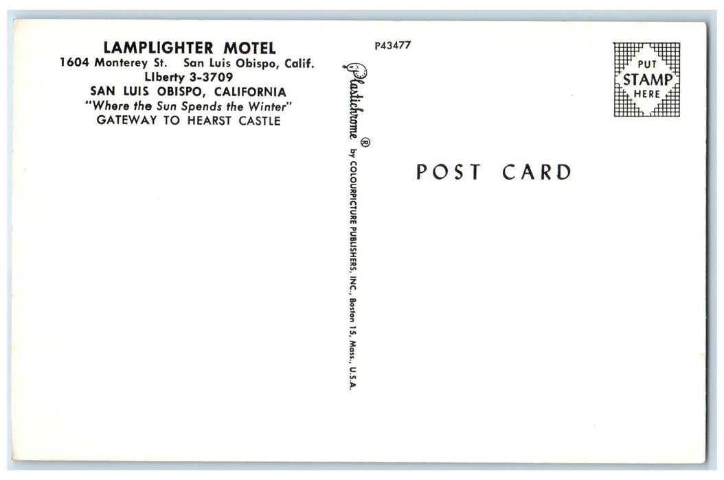 c1950 Lamplighter Motel Entrance Roadside Restaurant San Luis Obispo CA Postcard
