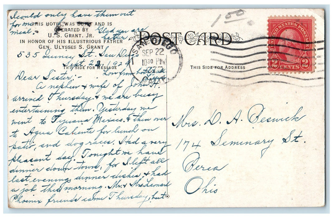 c1920's US Grant Hotel Building View Restaurant San Diego California CA Postcard