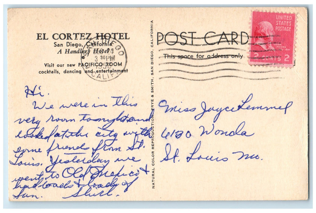 1953 El Cortez Hotel Sky Room Bar Restaurant San Diego California CA Postcard