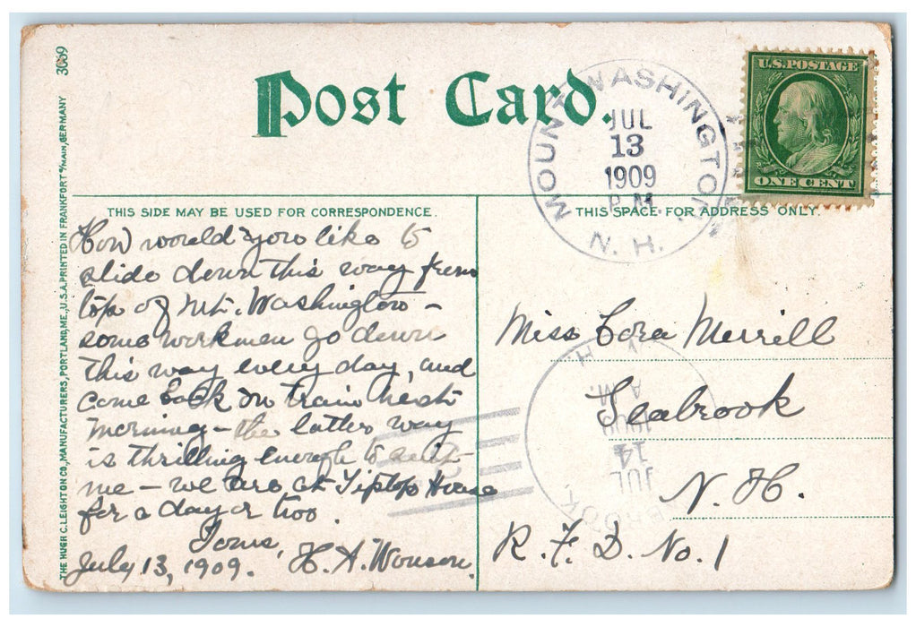 1909 Mts. Washington From Base Showing Sliding Board White Mountains NH Postcard