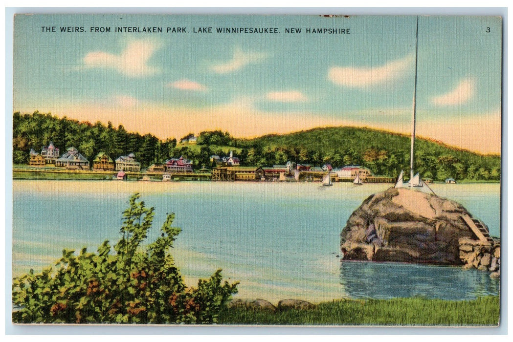 c1940's Weirs From Interlaken Park Sailboat Rock Lake Winnipesaukee NH Postcard