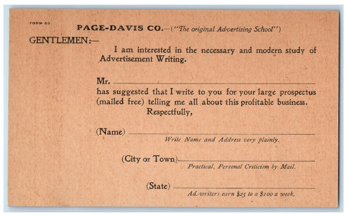 c1905's Page-Davis Co. Advertising School Chicago IL Ad PMC Unposted Postcard