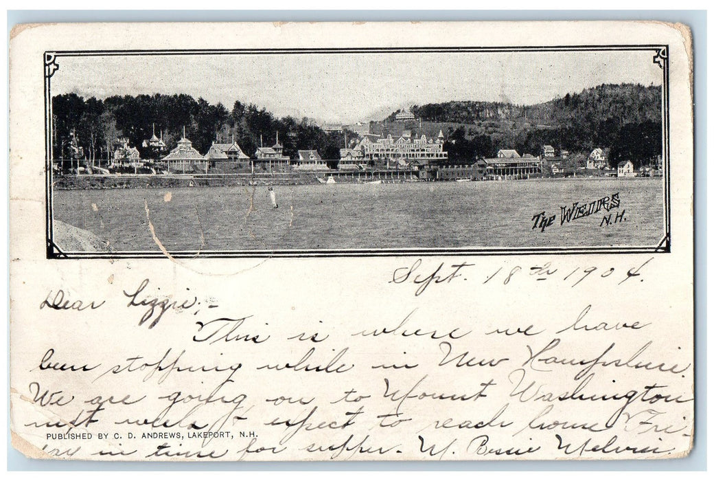 1904 The Weirs View Resorts Boat Grove Buildings Hills New Hampshire NH Postcard